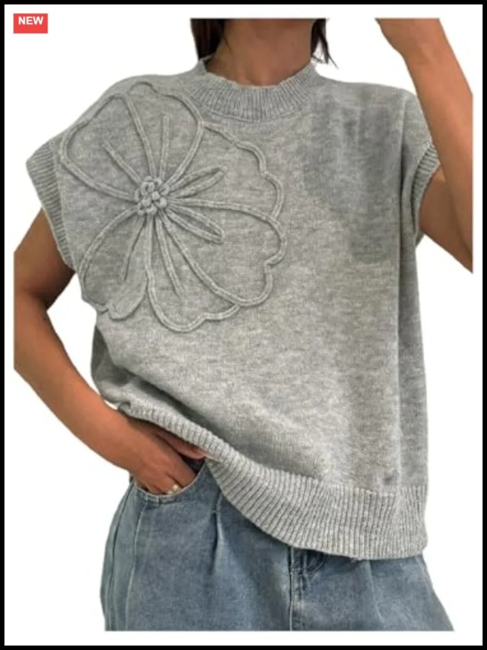 Plus Size 3D Floral Knit Pullover Sweater Cap Sleeve Stand Collar
